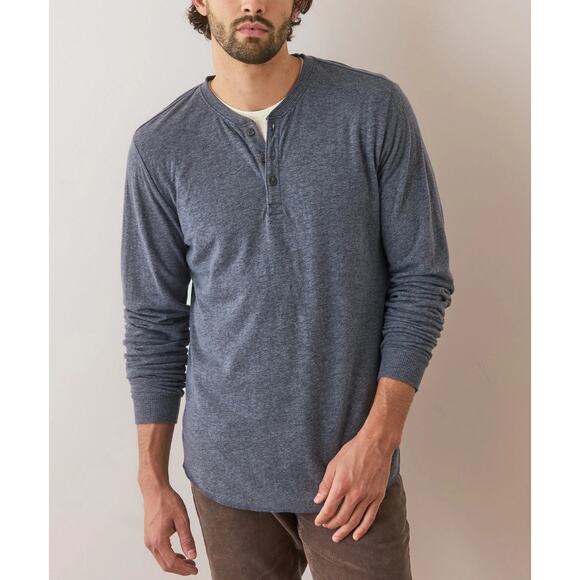 Marine Layer Men's Double Knit Henley Long Sleeve Pullover Shirt in Blue Heather - Picture 3 of 7